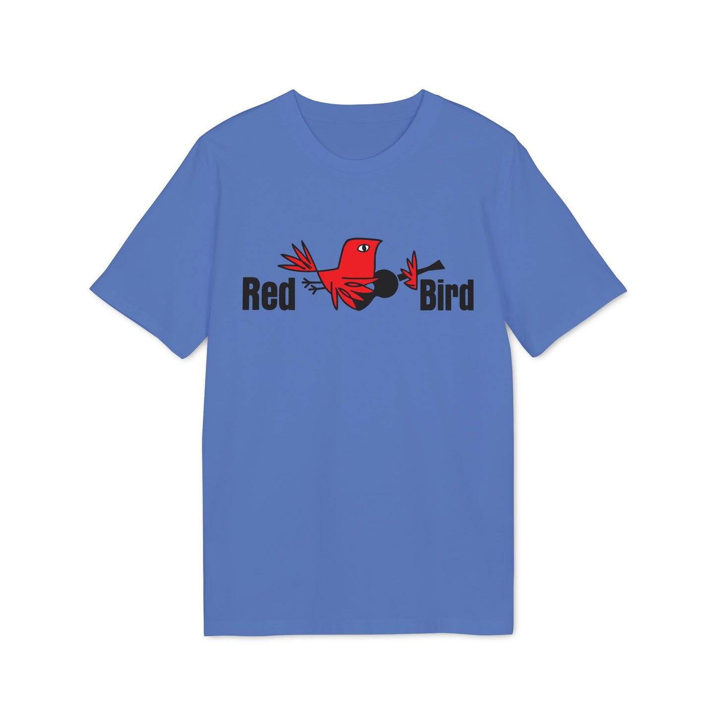 Blue t-shirt with a red bird and black text that says "Red Bird".