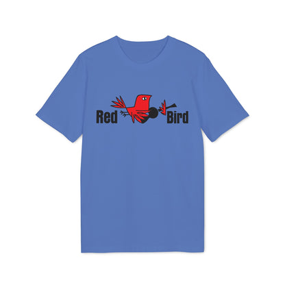 Blue t-shirt with a red bird and black text that says "Red Bird".