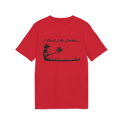 Red t-shirt with black graphic of palm trees, people, and text "I Don't Like Cricket...".