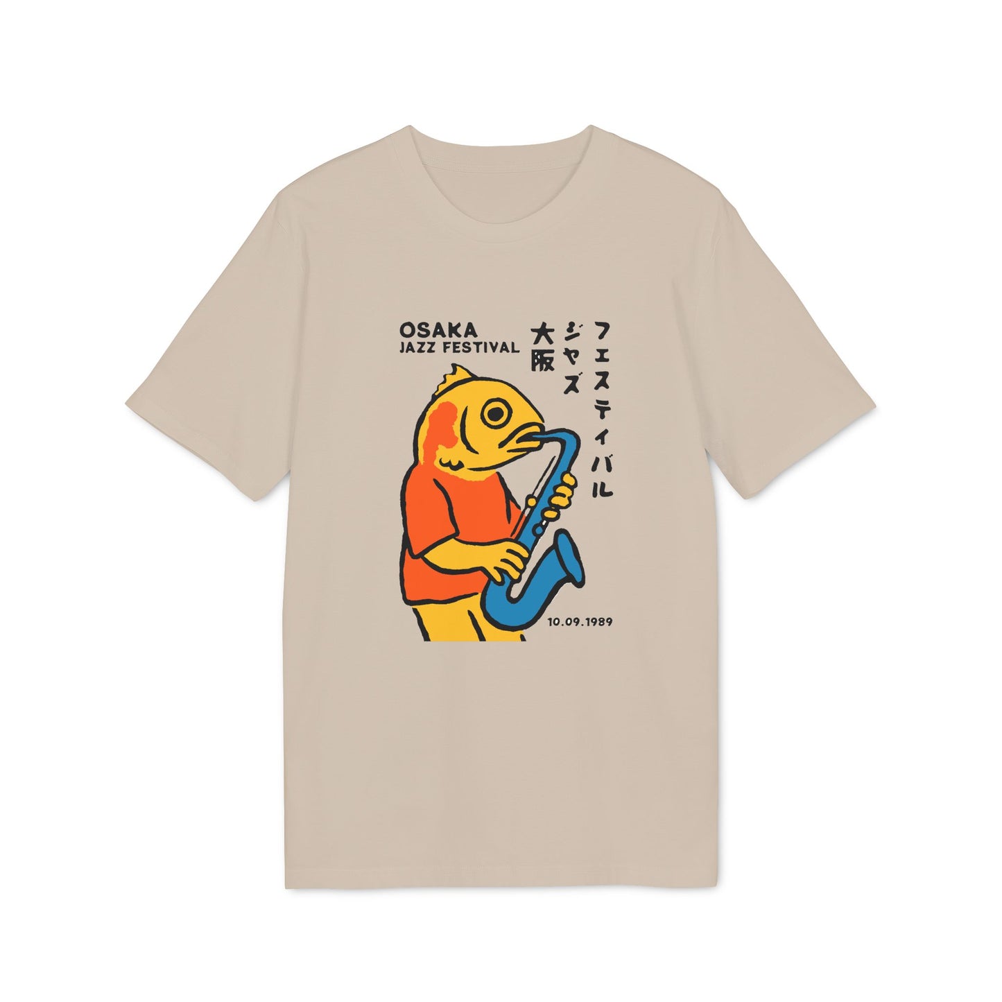 T-shirt with a graphic of a yellow fish playing a saxophone, "Osaka Jazz Festival" text, and date.