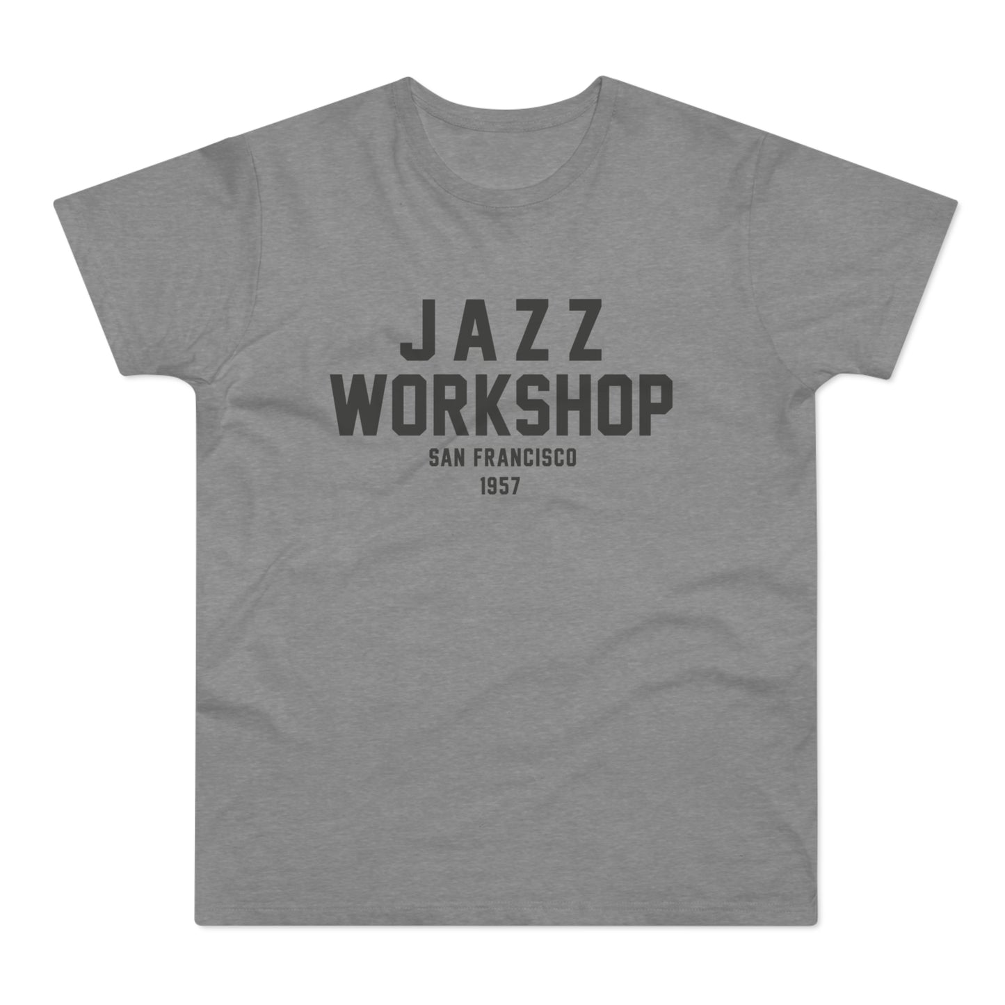 Grey t-shirt with "JAZZ WORKSHOP SAN FRANCISCO 1957" text.