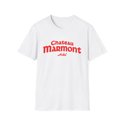 White t-shirt with red "Chateau Marmont Hotel" logo text.