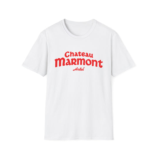 White t-shirt with red "Chateau Marmont Hotel" logo text.