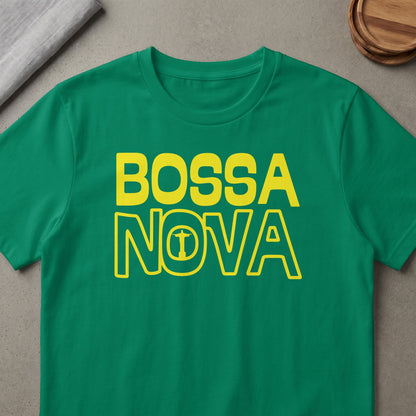 Green t-shirt with yellow text reading "BOSSA NOVA" and a silhouette of Christ the Redeemer.