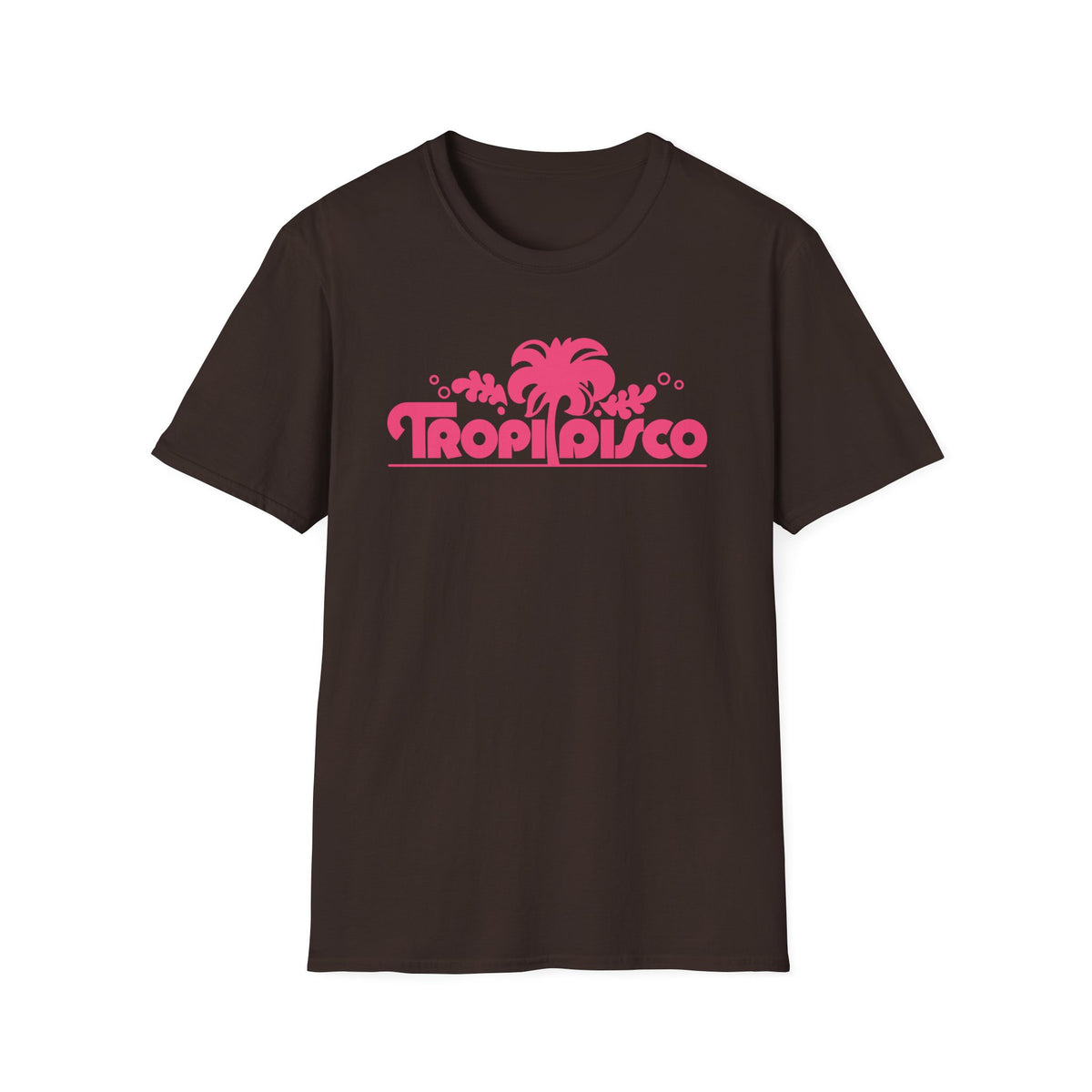 Brown t-shirt with pink "TropiDisco" text and palm tree graphic.