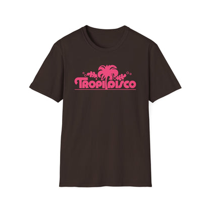 Brown t-shirt with pink "TropiDisco" text and palm tree graphic.