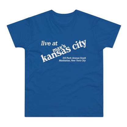 Royal blue t-shirt with "live at max's Kansas City" and address.
