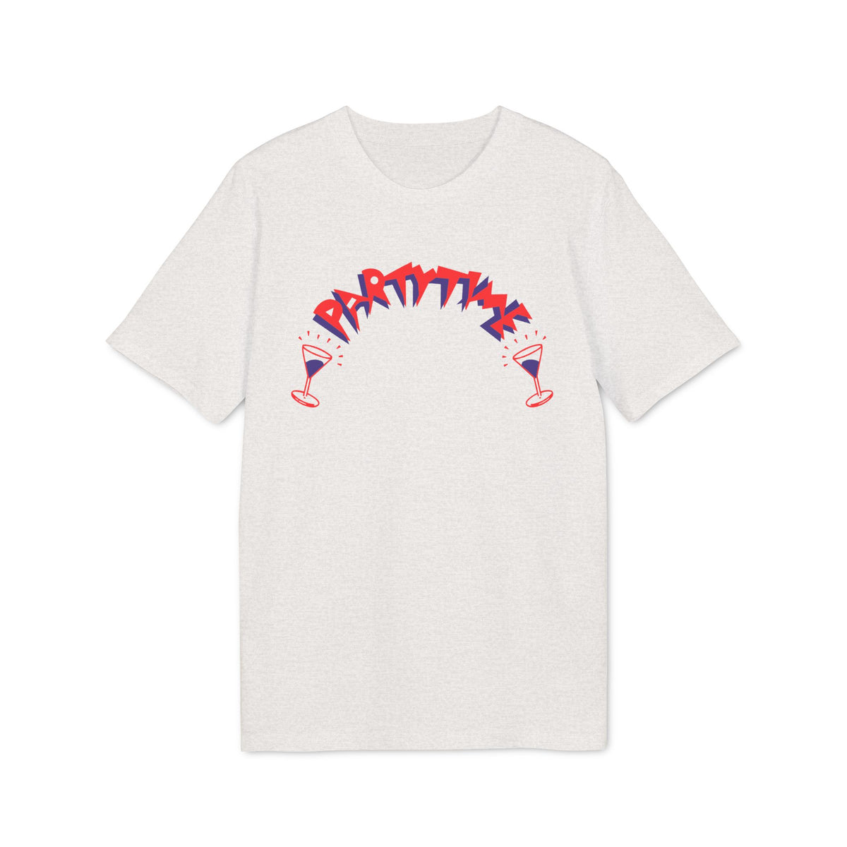 Grey t-shirt with "PARTYTIME" text and two martini glasses graphic.