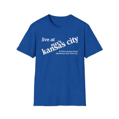 Blue t-shirt with white text: "live at max's kansas city 213", "Park Avenue South Manhattan, New York City"