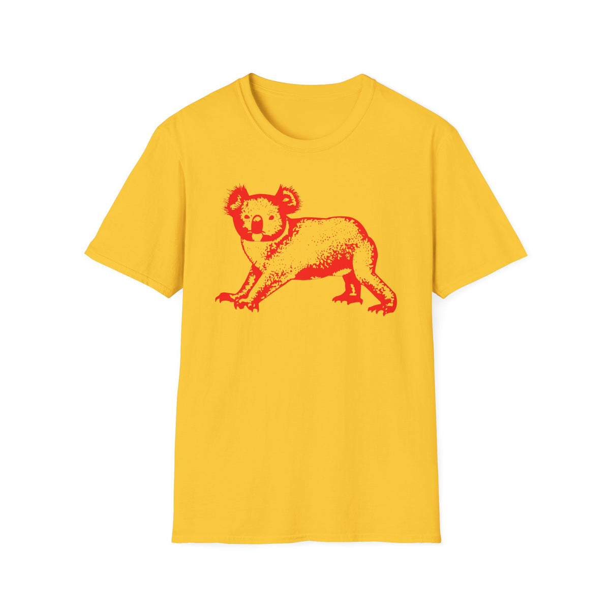 Yellow t-shirt with red koala graphic in a textured style.
