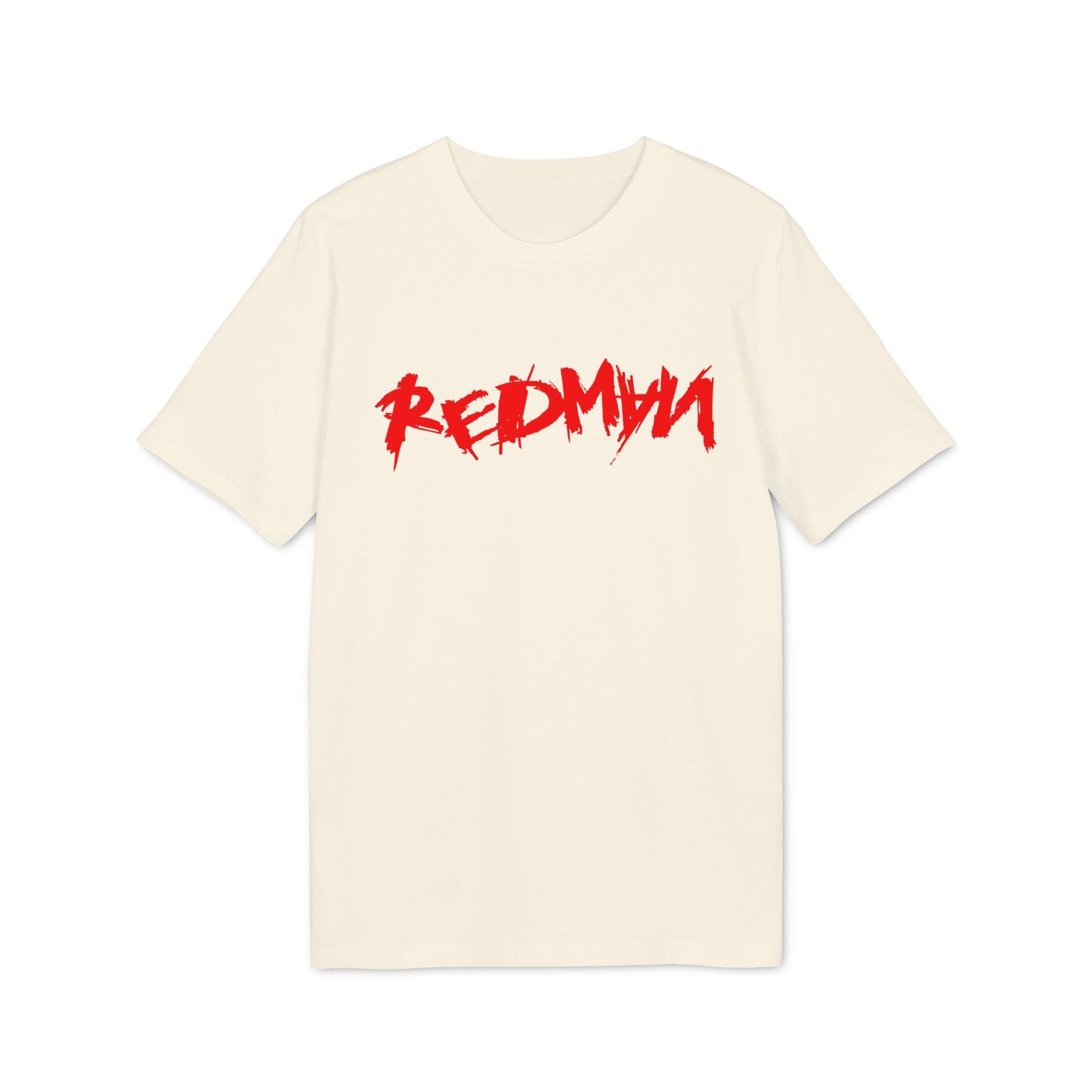 Cream t-shirt with red "REDMYU" graphic print across the chest.