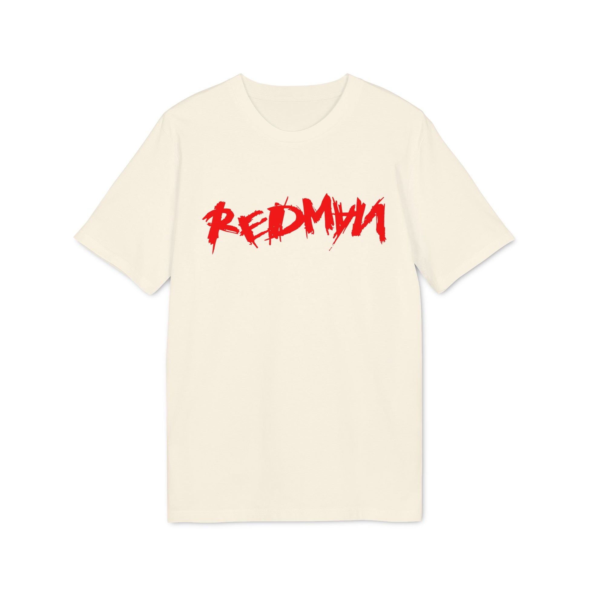 Cream t-shirt with red "REDMYU" graphic print across the chest.