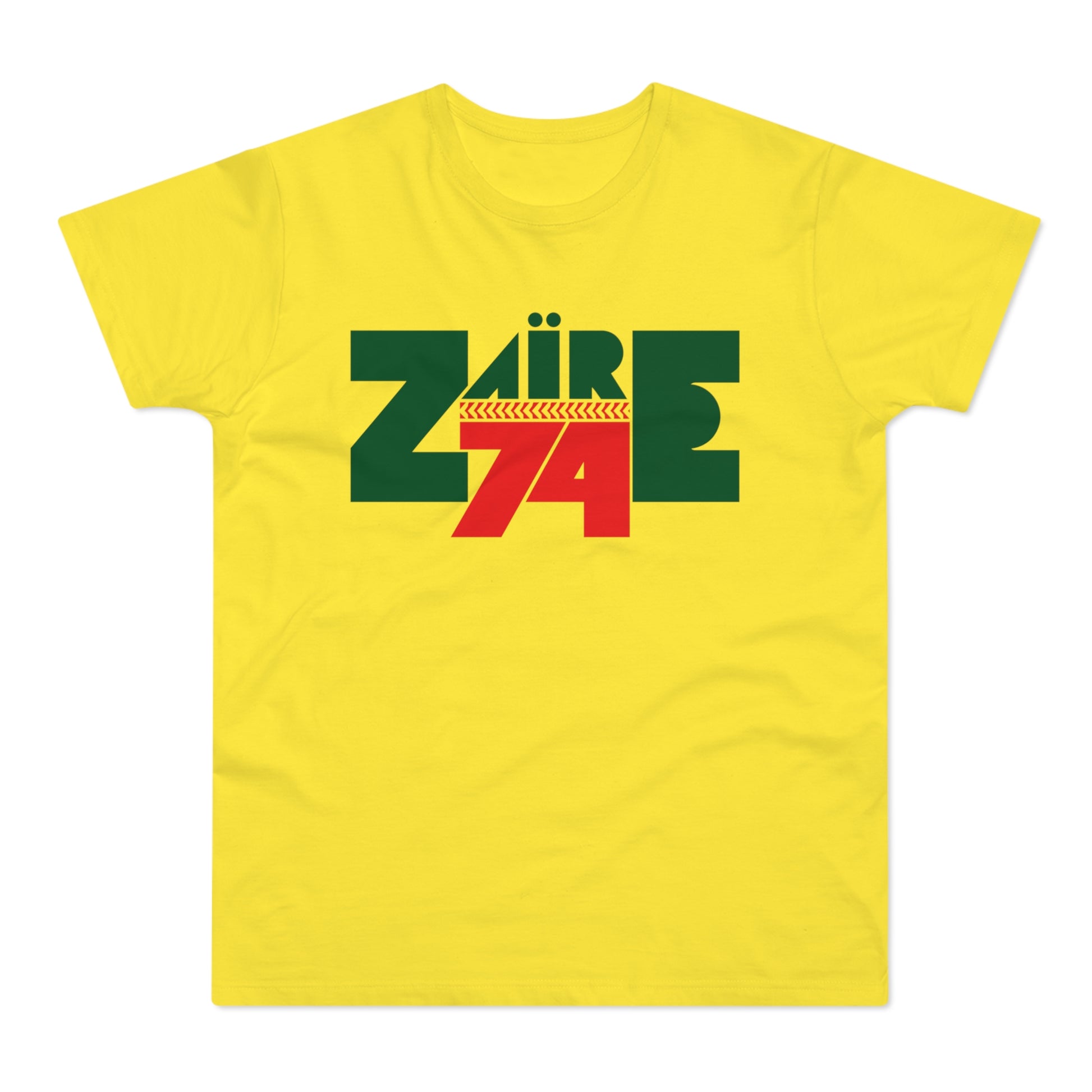 Yellow t-shirt with green and red "ZAIRE 74" graphic design.