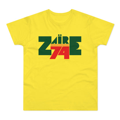 Yellow t-shirt with green and red "ZAIRE 74" graphic design.