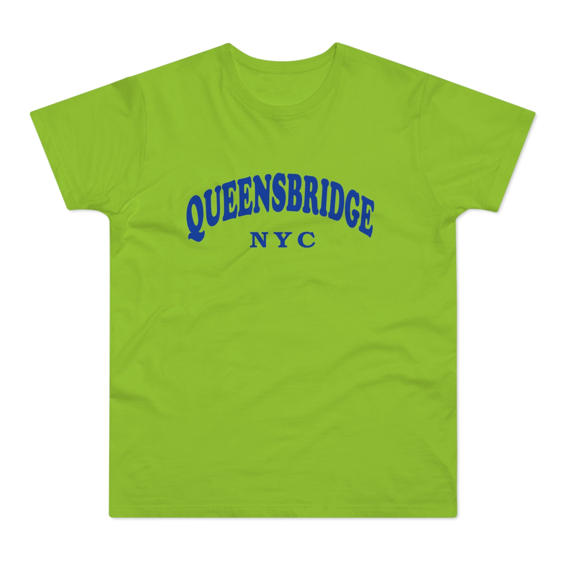 Lime green t-shirt with arched blue "QUEENSBRIDGE NYC" text.