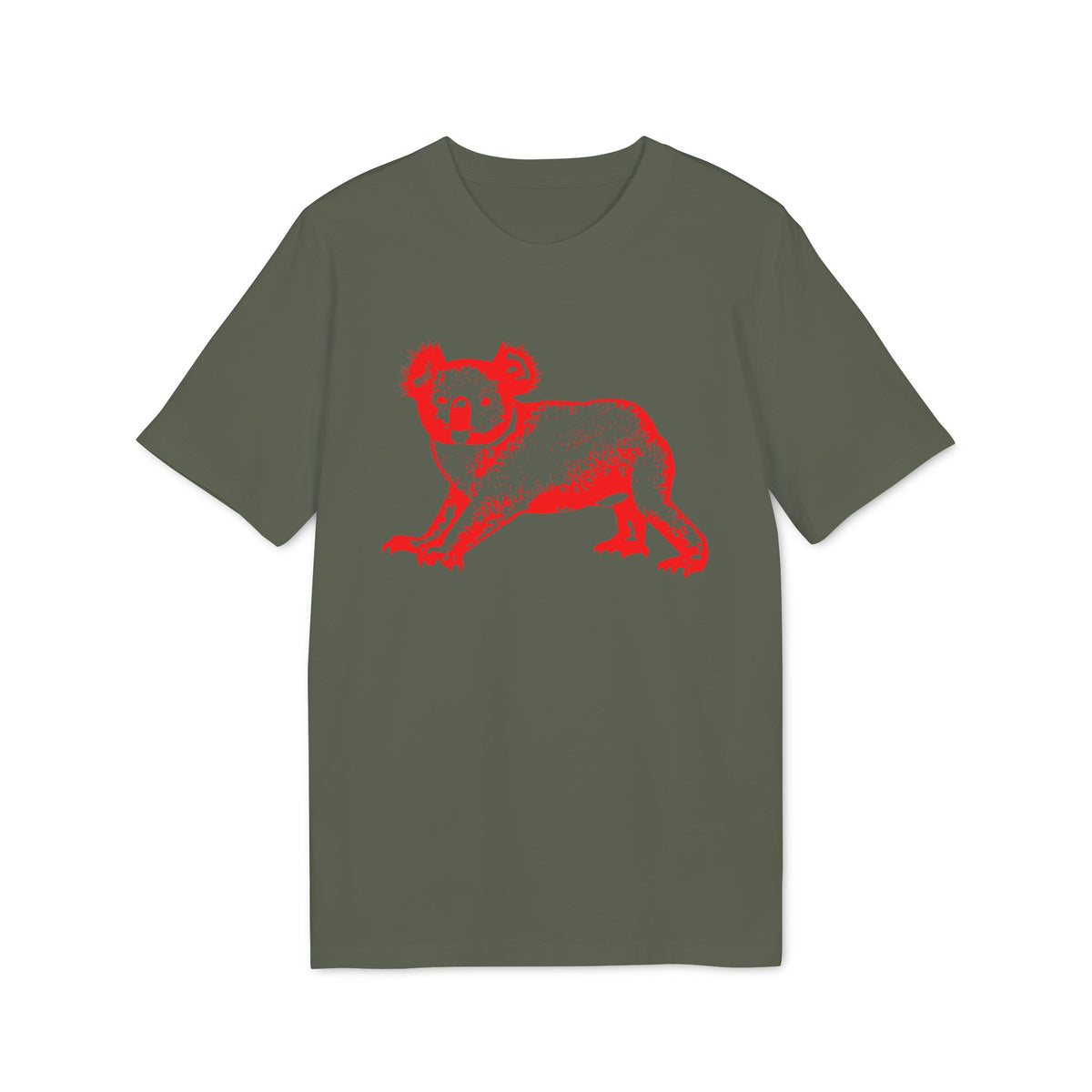 Olive green t-shirt with a red, textured koala graphic.