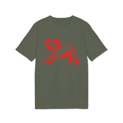 Olive green t-shirt with a red, textured koala graphic.