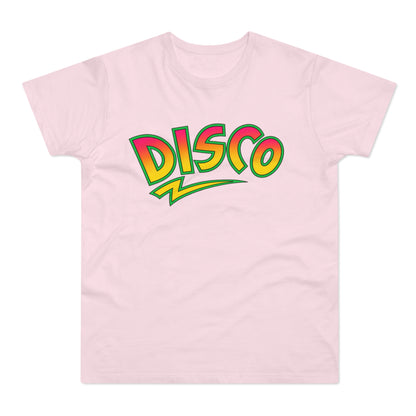 Pink t-shirt with "DISCO" in a vibrant, retro gradient font.