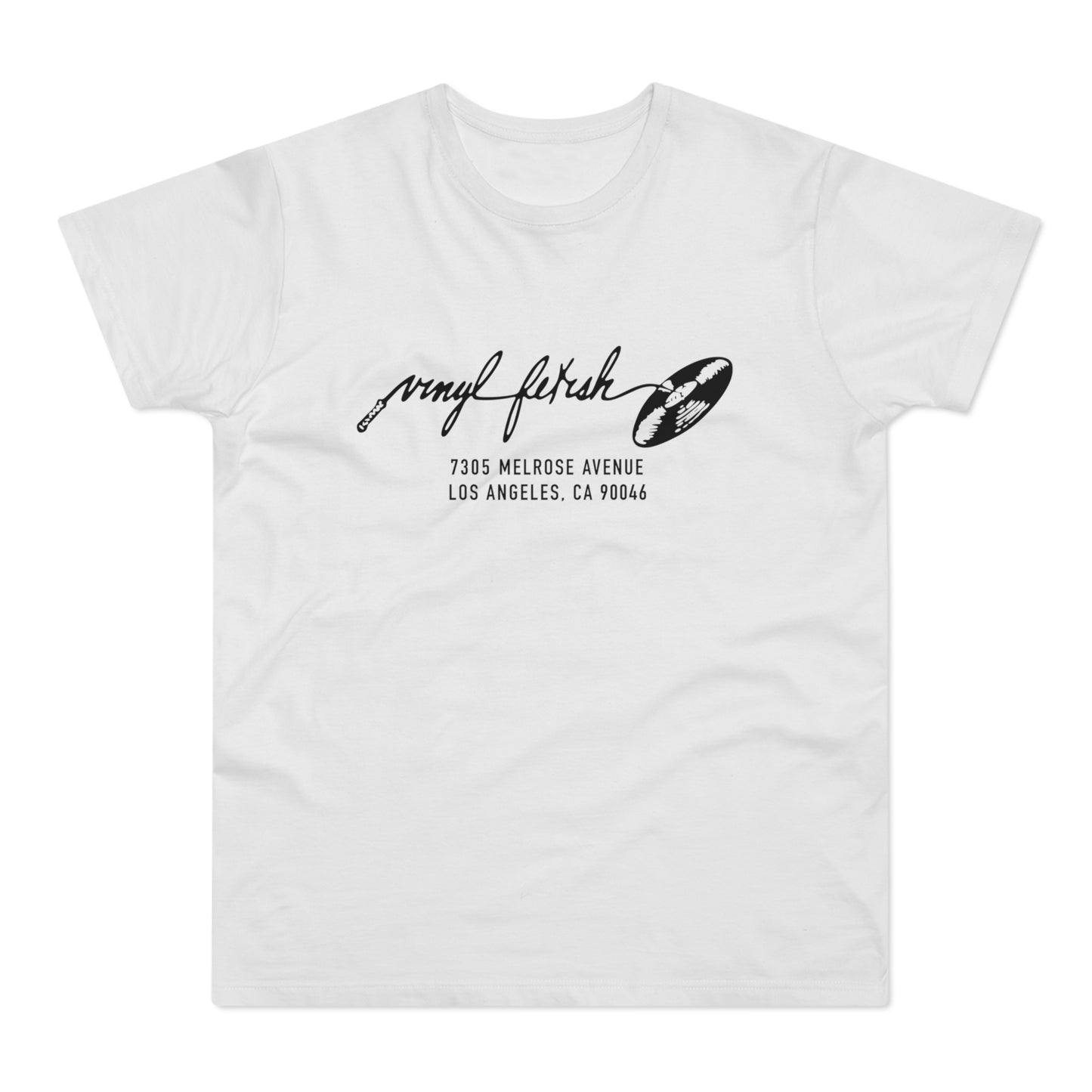 White t-shirt with black text and vinyl record graphic.