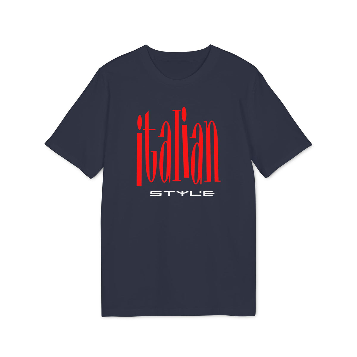 Navy t-shirt with red "ITALIAN STYLE" text graphic.