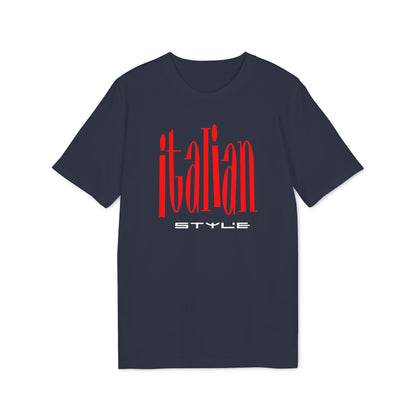 Navy t-shirt with red "ITALIAN STYLE" text graphic.