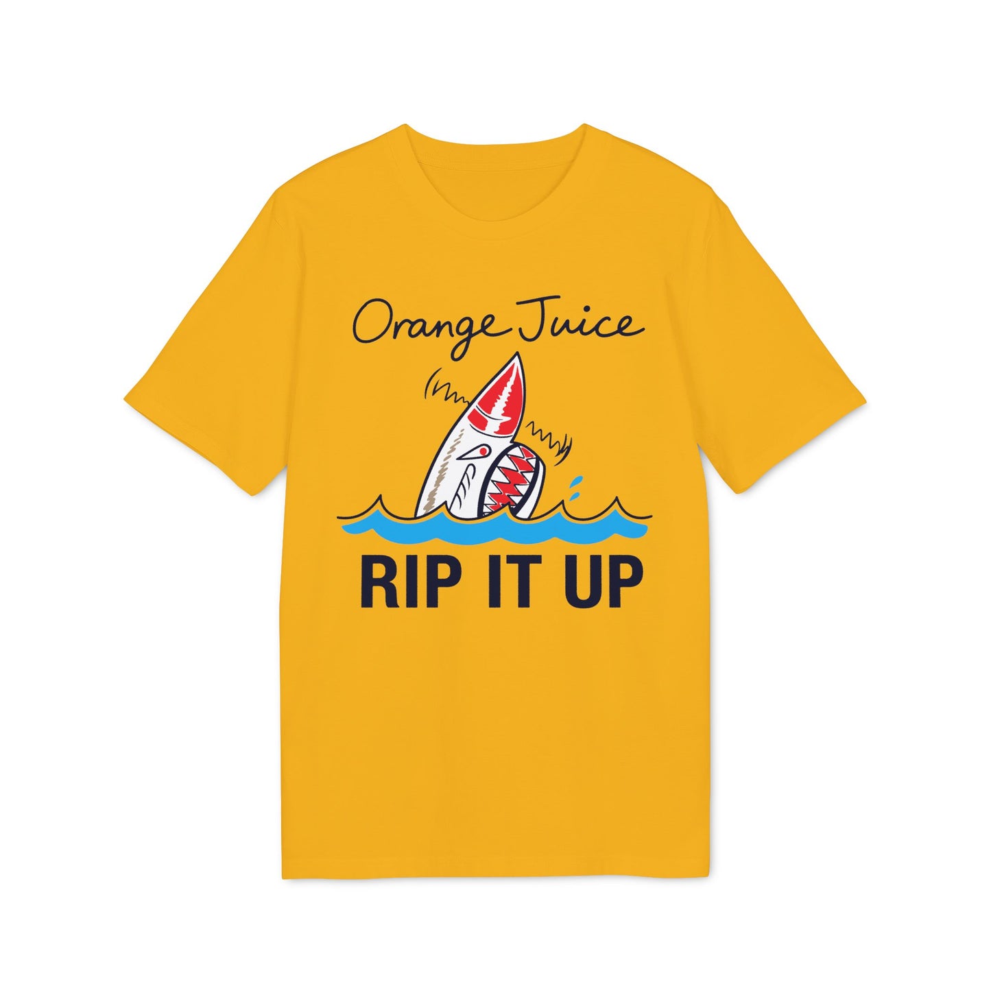 Yellow t-shirt with "Orange Juice RIP IT UP" text and a shark graphic.