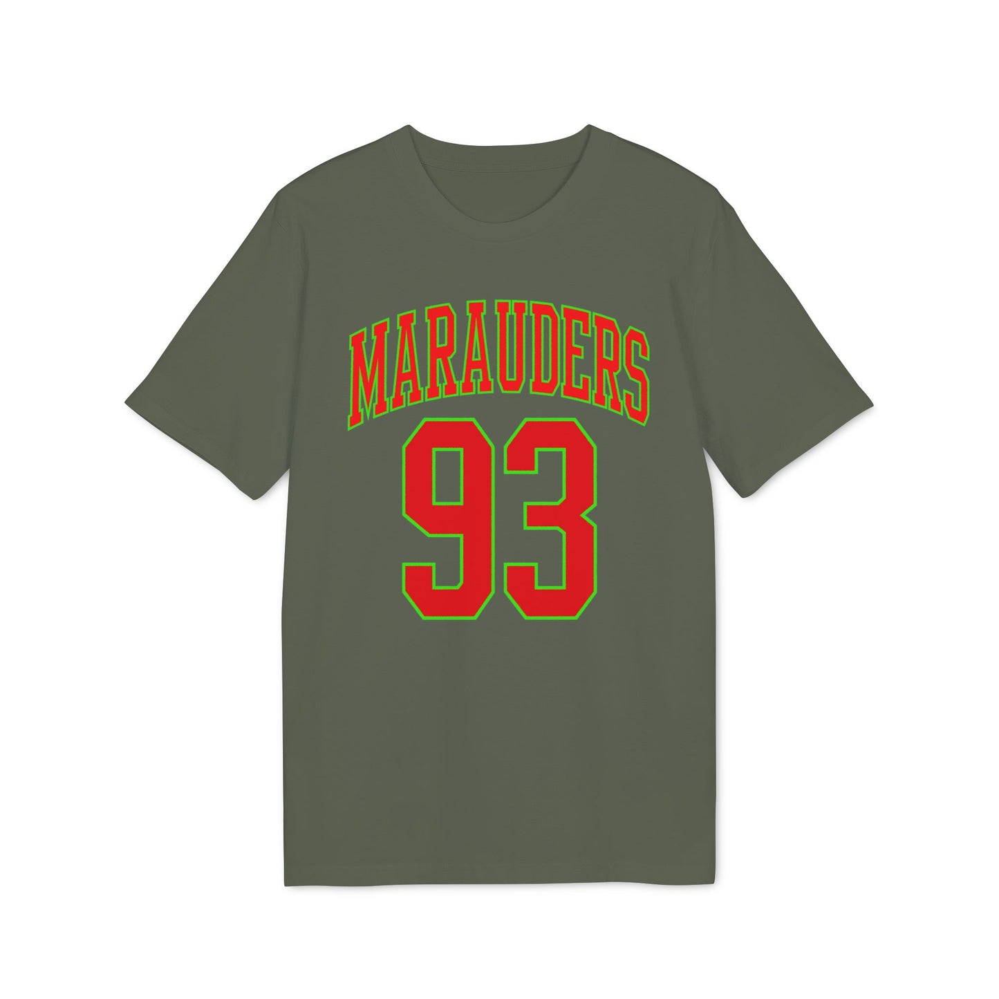 Green t-shirt with red and green text "MARAUDERS 93".