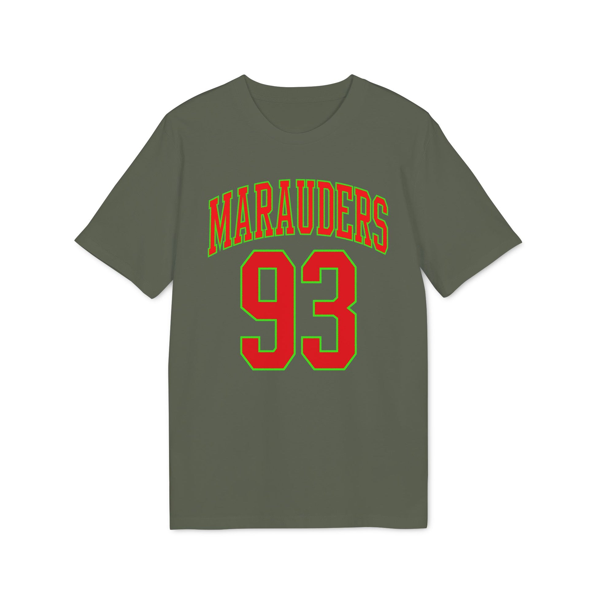 Green t-shirt with red and green text "MARAUDERS 93".