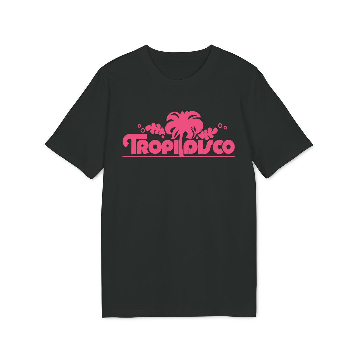 Black t-shirt with pink "Tropi Disco" text and palm tree graphic.