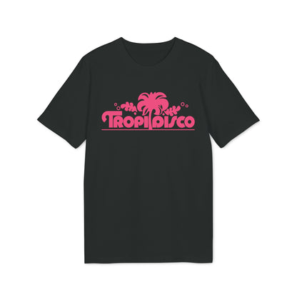 Black t-shirt with pink "Tropi Disco" text and palm tree graphic.