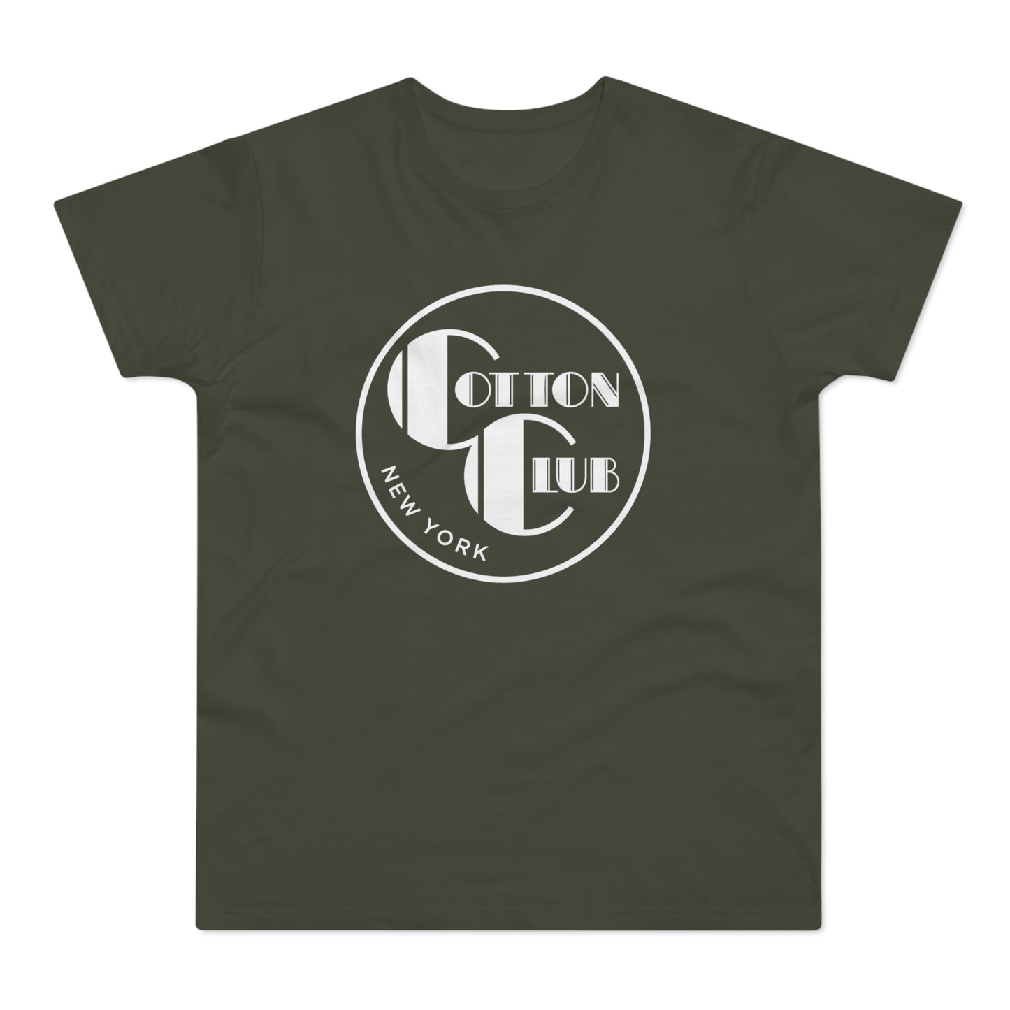 Olive green t-shirt with white "Cotton Club New York" logo on chest.
