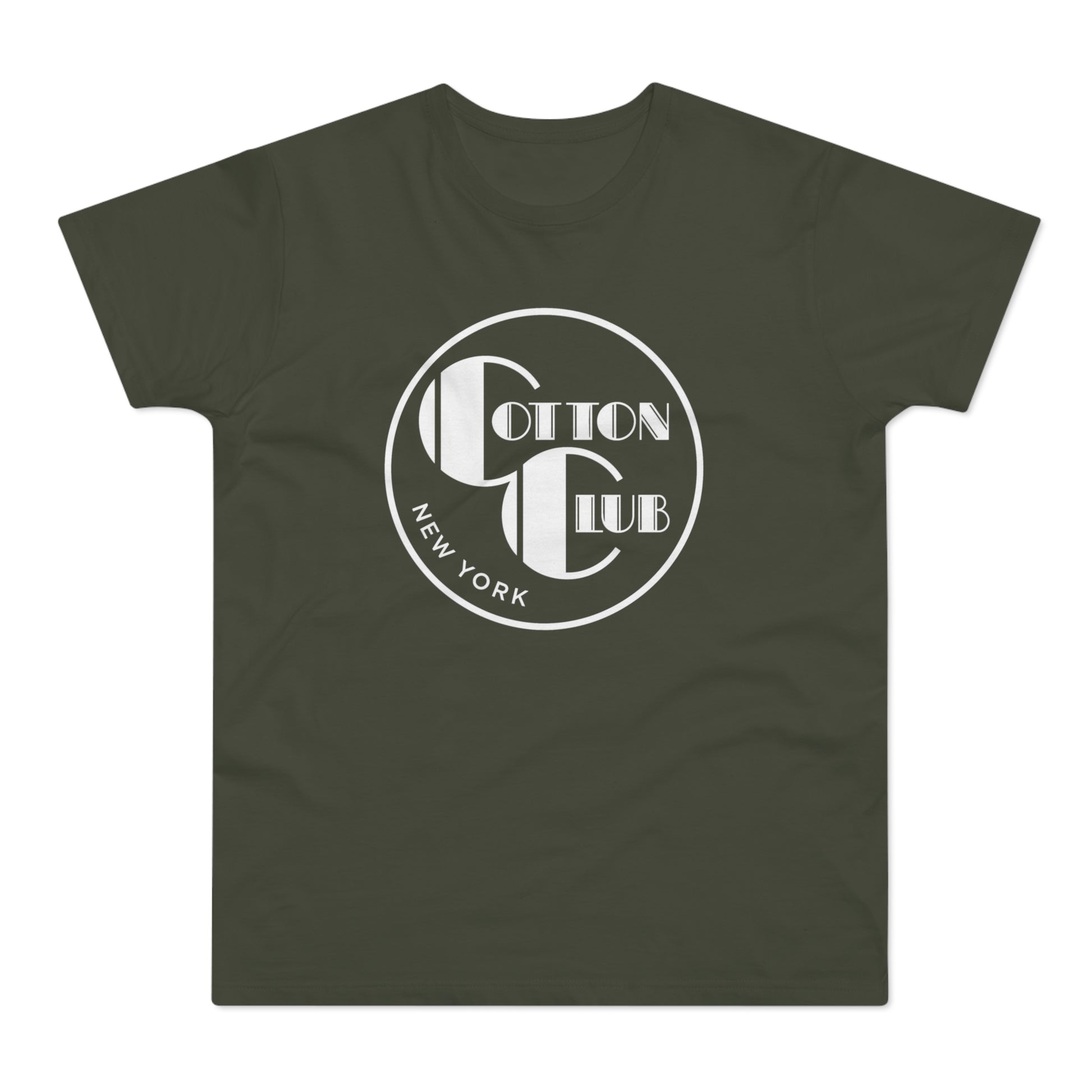 Olive green t-shirt with white "Cotton Club New York" logo on chest.