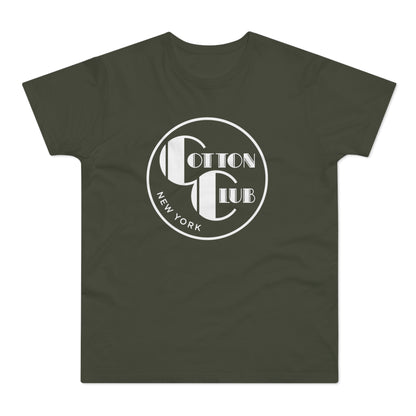Olive green t-shirt with white "Cotton Club New York" logo on chest.