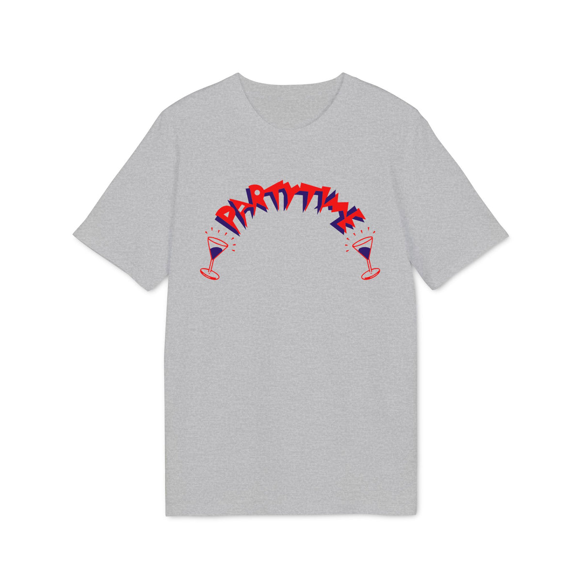 Grey t-shirt with red and blue "Partytime" text and two martini glasses.