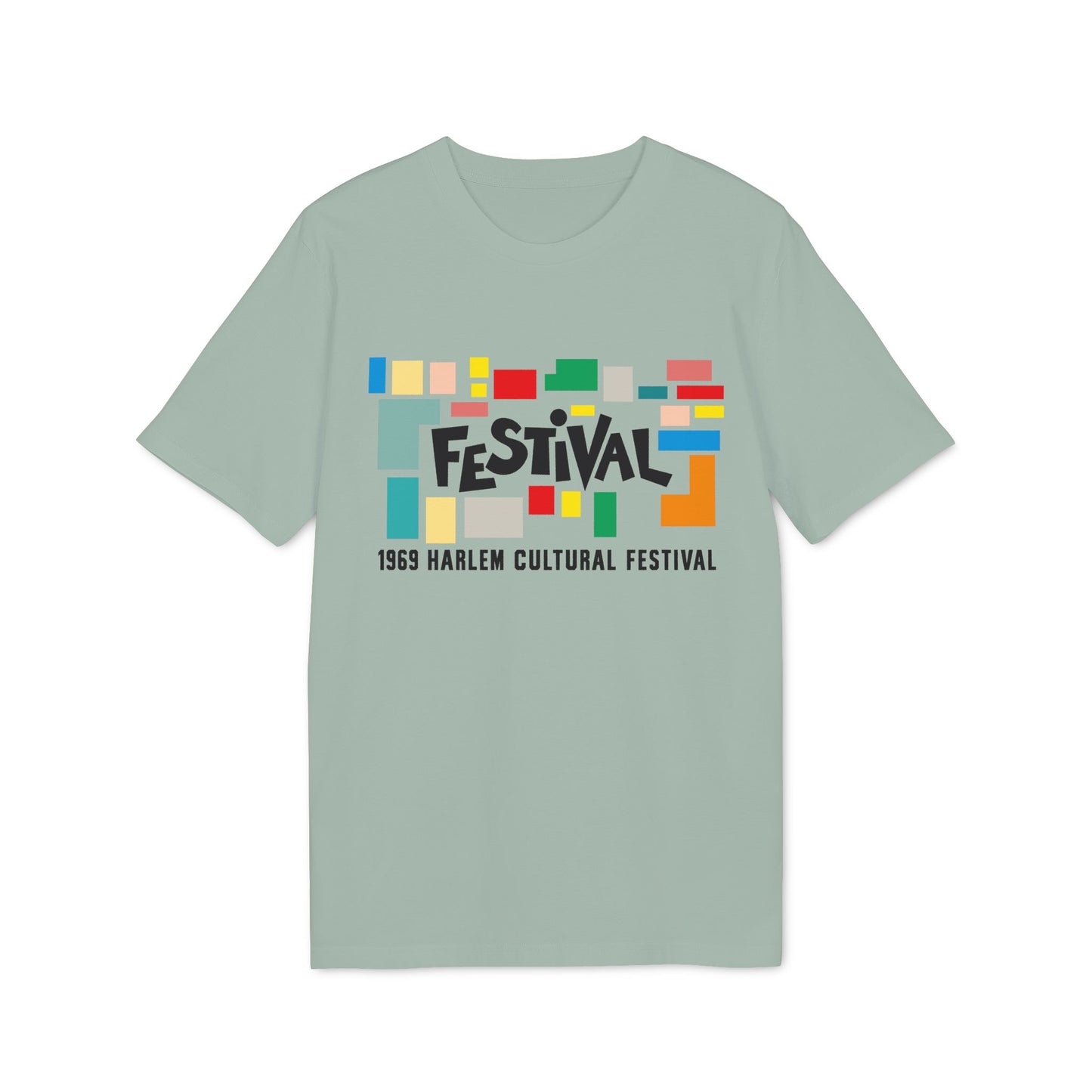 T-shirt with "FESTIVAL 1969 Harlem Cultural Festival" text and colorful abstract shapes.