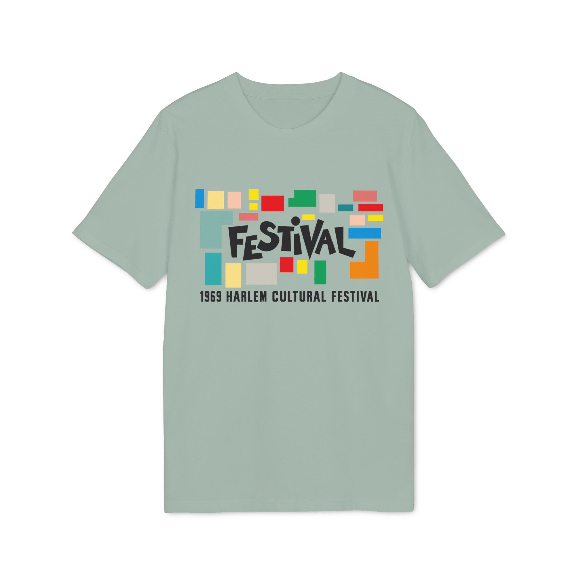 T-shirt with "FESTIVAL 1969 Harlem Cultural Festival" text and colorful abstract shapes.