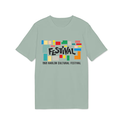 T-shirt with "FESTIVAL 1969 Harlem Cultural Festival" text and colorful abstract shapes.