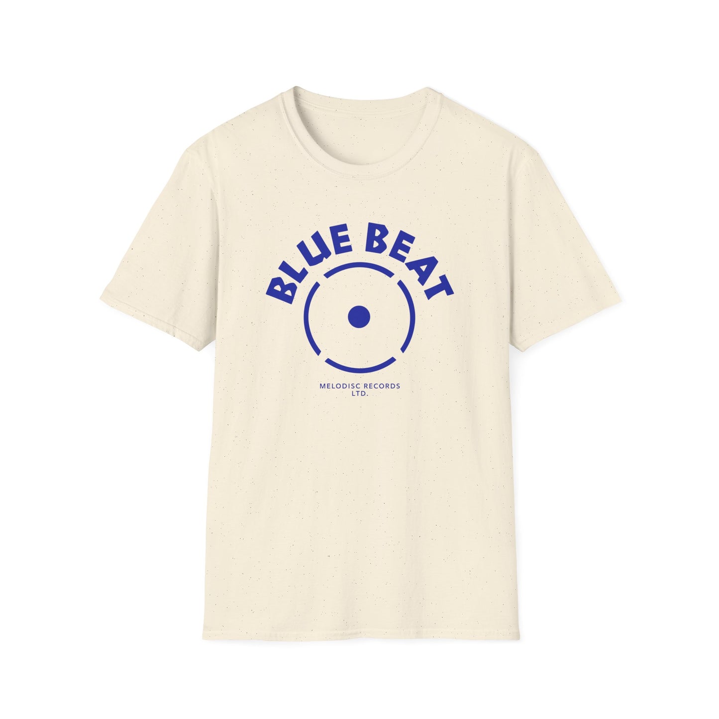 Cream t-shirt with blue "BLUE BEAT" text and record graphic.