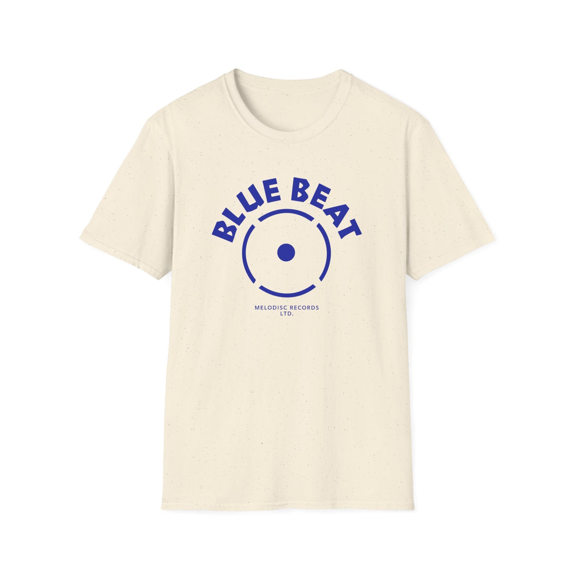 Cream t-shirt with blue "BLUE BEAT" text and record graphic.