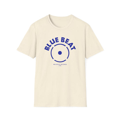 Cream t-shirt with blue "BLUE BEAT" text and record graphic.