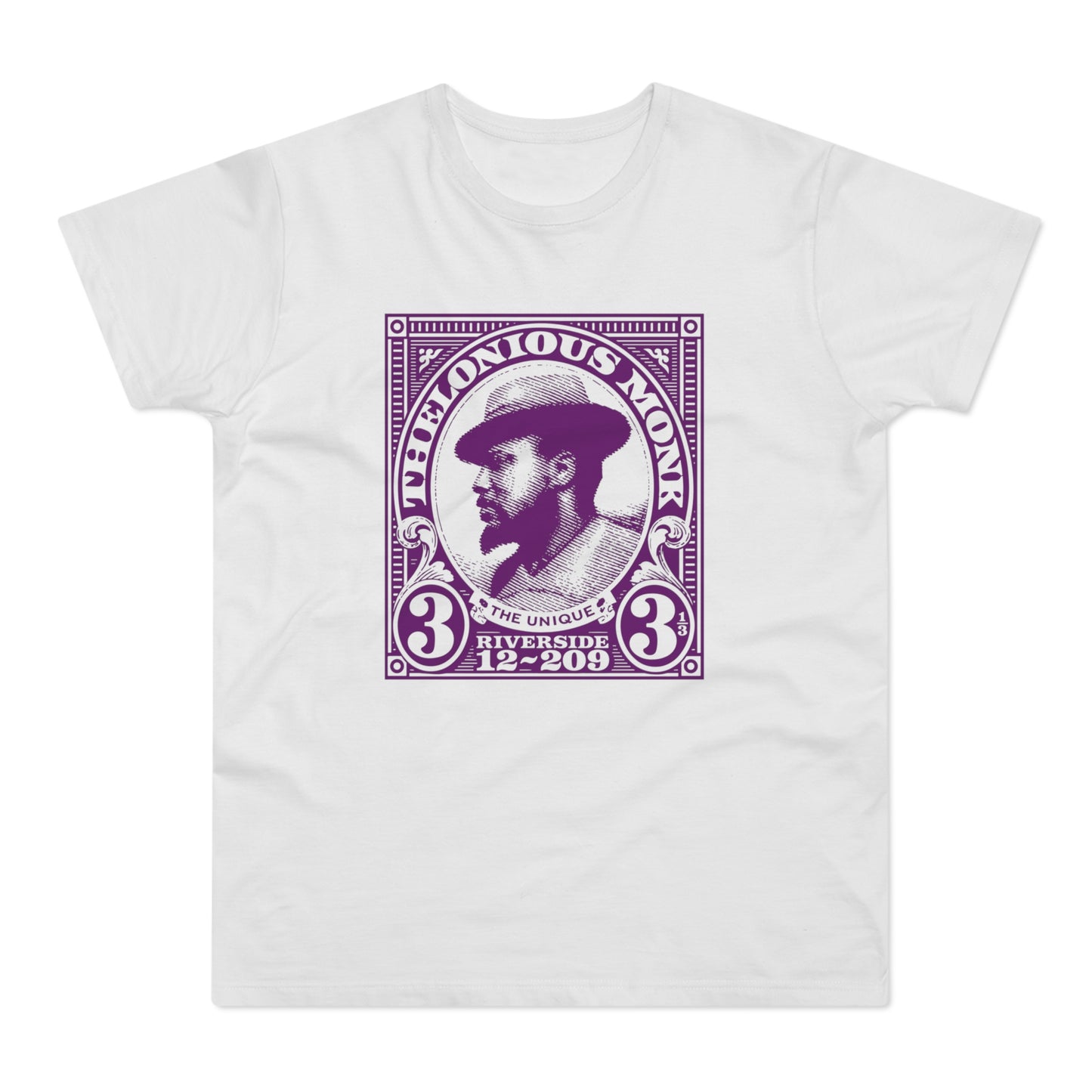 Thelonious Monk portrait in purple stamp-like design with text.