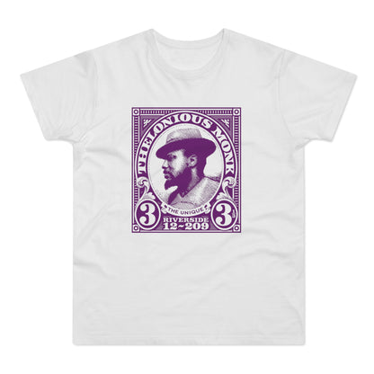 Thelonious Monk portrait in purple stamp-like design with text.