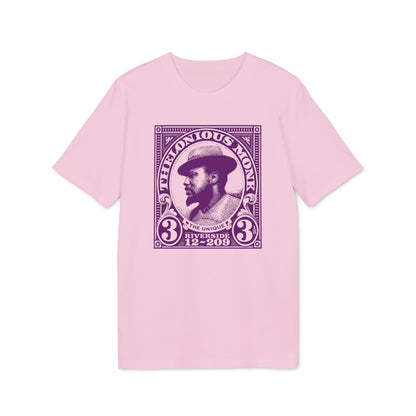 Pink t-shirt with a purple stamp design featuring Thelonious Monk.
