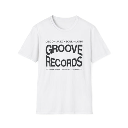 White t-shirt with black text: "Groove Records" and address/phone number.