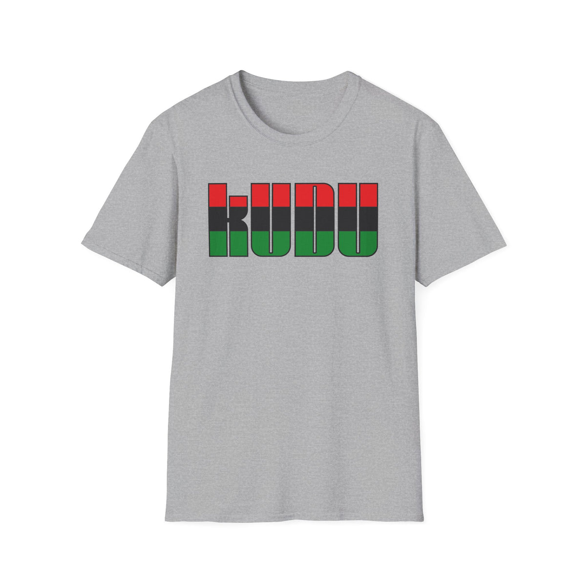 Grey t-shirt with the word "KUDU" in red, green, and black vertical stripes.