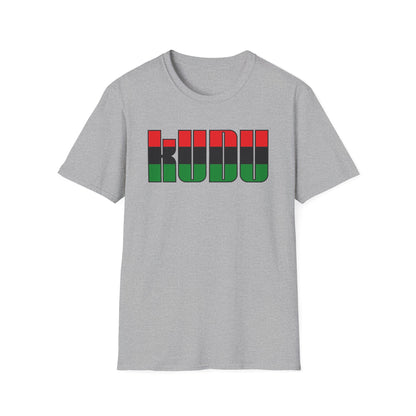 Grey t-shirt with the word "KUDU" in red, green, and black vertical stripes.