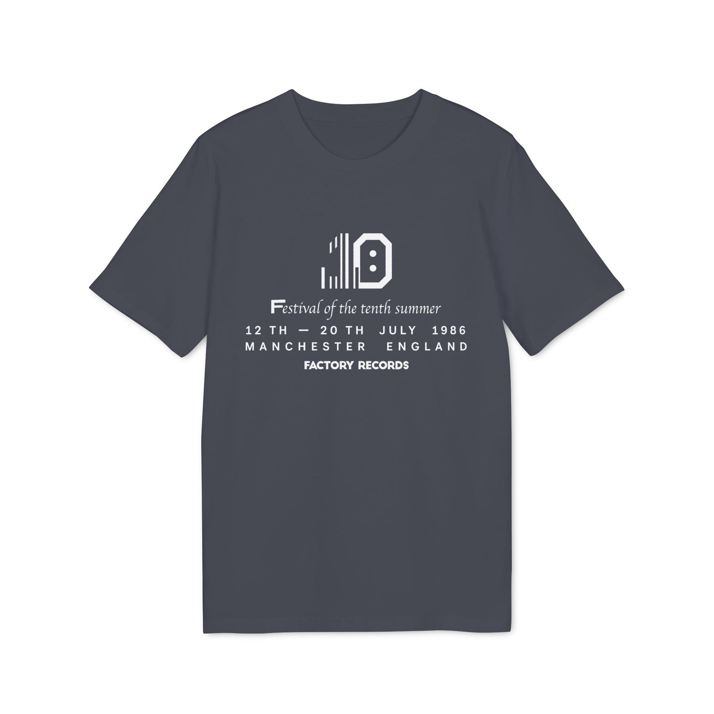 Concert t-shirt for Factory Records' Festival of the tenth summer, July 1986, Manchester.