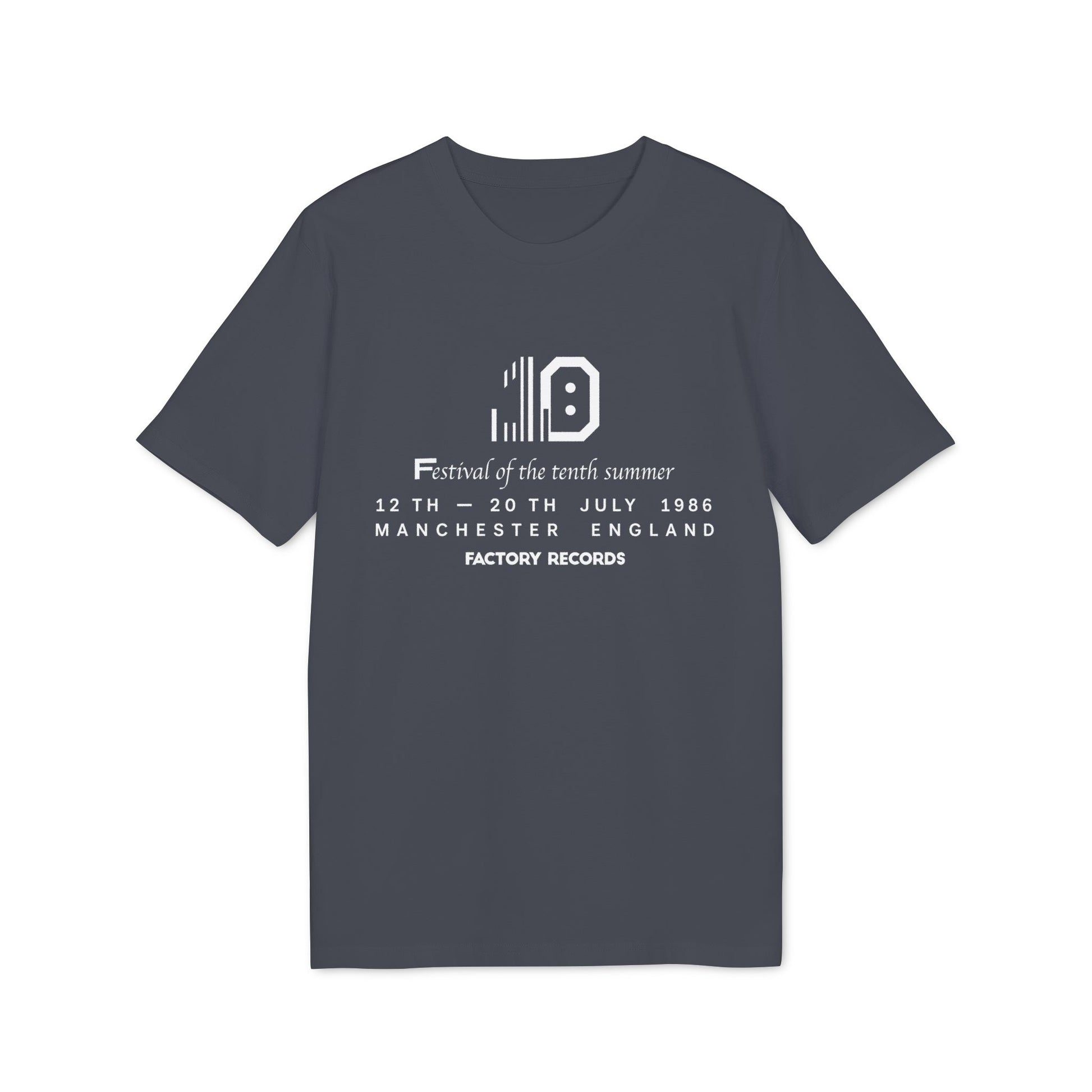 Concert t-shirt for Factory Records' Festival of the tenth summer, July 1986, Manchester.