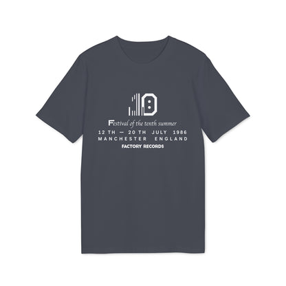 Concert t-shirt for Factory Records' Festival of the tenth summer, July 1986, Manchester.