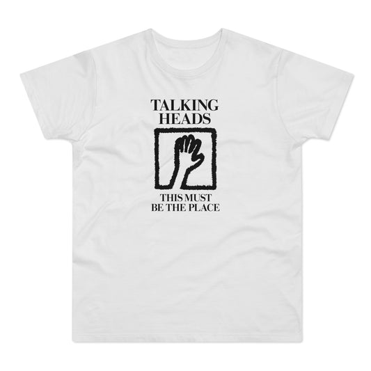 White t-shirt black text "TALKING HEADS" and fuzzy hand in square.